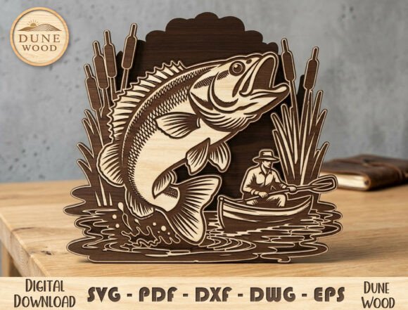 Fishing Scene Laser Cut File: Elevate Your Wood Art with Precision Design