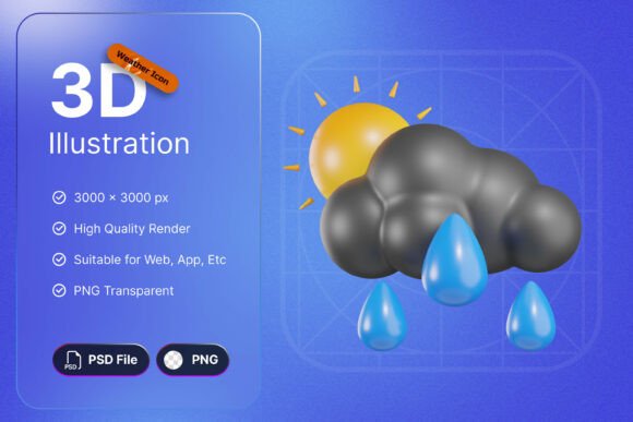 Sun with Rain Icon: Bold 3D Weather Visuals