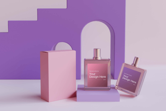 Two Bottle with Box in Podium Mockup: Elevating Product Presentation Workflows